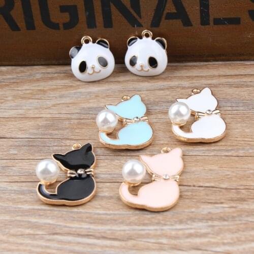 30PCS Gold Alloy Enamel Panda Head Crystal Mitation Pearl Tail Cat Charms Dangle Jewelry For DIY Bracelet Pendant Jewelry
