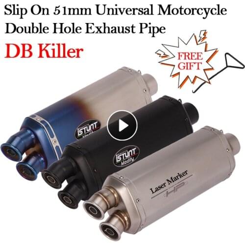 51MM Universal Motorcycle Double Hole Exhaust Pipe Modified Escape GP Moto DB Killer Muffler For Z900 FZ6 N NMAX 155 Hornet 600