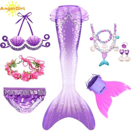 AngelGirl Kids Swimming Mermaid Tail for Girls Swimming Bating Suit Mermaid Costume Swimsuit can add Monofin Fin Goggle Garland