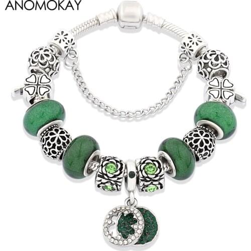 Anomokay Trendy Green Crystal Flower Pendant Bead Bracelet Silver Color Flower Leaf Plant Charm Bracelet Jewelry Gift Pulseras