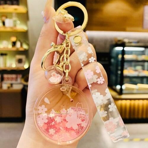 Creative In Oil Cherry blossoms Glitter Moving Keychain Acrylic Liquid Key rings Wholesale Quicksand Key Chains for Women Gifts