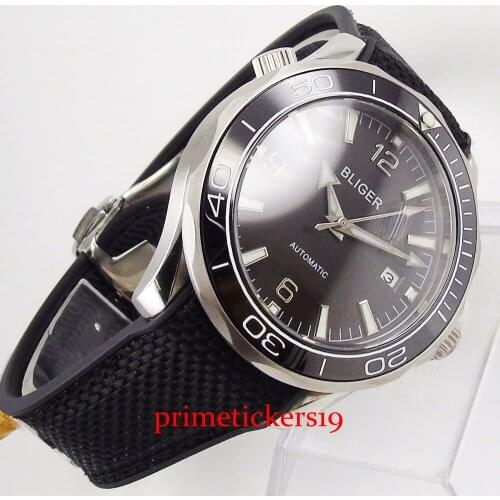 41mm BLIGER black dial white marks date indicator stainless steel case rubber strap automatic mens watch