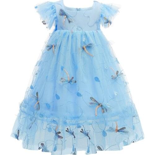 Kids Dresses For Children Dragonfly Embroidered Dresses Flying Sleeve Princess Dress Tutu Dresses For Girls