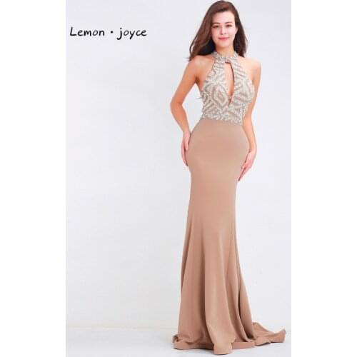 Lemon joyce Formal Evening Dresses Long 2020 Elegant O-neck Beading Sexy Backless Floor Length Mermaid Party Gowns Plus Size