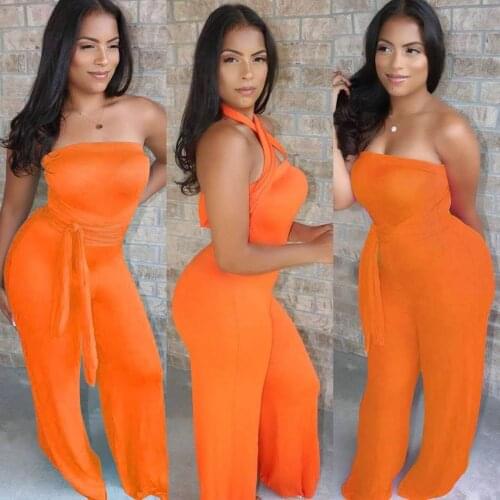Womens Off Shoulder Solid-Color Jumpsuit Tube Top Romper Loose Strapless Halter With Tie Belts
