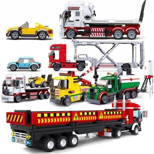 City Vehicle Van Tow Traile Truck Flatbed Pulling Car Building Model Block Toy Container Oil Tank Transport Wagon Technique