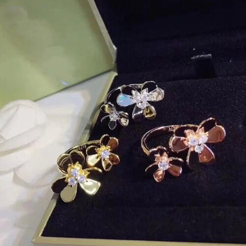 Hot Brand Fashion Party For Women Gold Color 2 Double Flower Wedding Jewelry Adjustable Rings