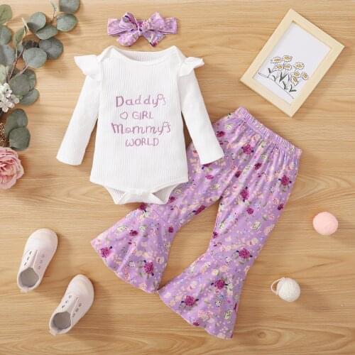 Newborn Baby Girls Ruffles Letter Printing Long Sleeve Romper Tops Flared Printed Pants Trousers Headband Outfits Clothes