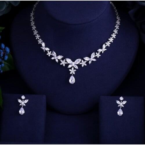 Luxury white gold-color Elegant Shape Bridal Cubic Zircon Necklace Earrings Sets Wedding Jewelry Sets For Women