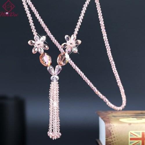 Korean Graceful Pink Long Necklace Beads Boho Fashion Elegant Shiny Crystal Flower Sweater Chain 2019 Women New Strand Jewelry