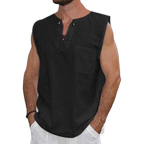 Hippie Men Solid Color Cotton Linen Drawstring V Neck Sleeveless Shirt Tank Top new