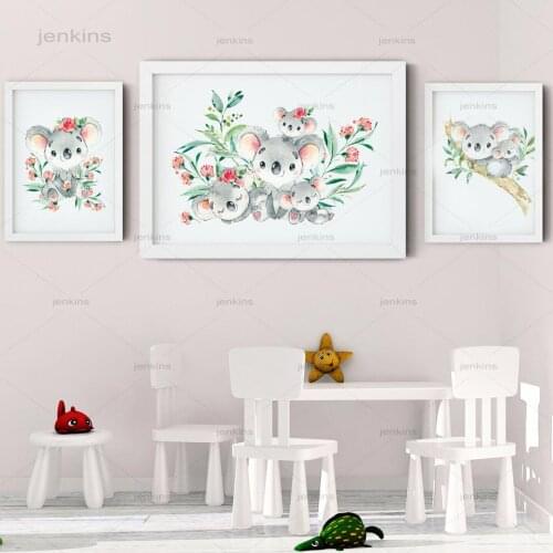 Koala Baby Flower Leaf Nursery Wall Art Canvas Painting Cartoon Nordic Posters and Prints Wall Pictures Girl Boy Kids Room Decor