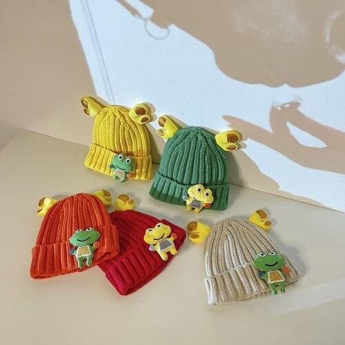 Fall Winter Children Cap Cartoon Frog Accessories Boy Girl Knitted Hats Antlers Keep Warm Solid Color Baby Beanies 1 2 3 4 Years