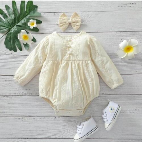 Baby Girl’s Casual Long Sleeve Romper Fashion Solid Color Lace Jacquard Jumpsuits Headband Baby Girls Sweety Clothes
