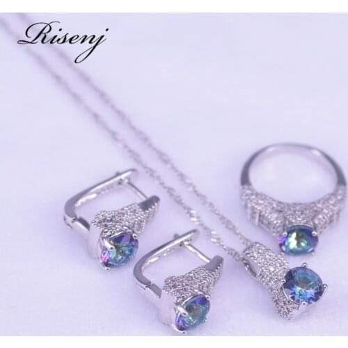 Rainbow Round 925 Sterling Silver Jewelry Set For Women Hoop Earrings Ring Necklace Set Costume Jewelry Best Anniversary Present