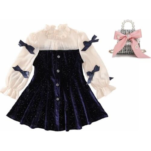 Navy Blue Party Dress For Girls Autumn Bowknot Long Sleeve Kids Clothing Classic Kids Dresses for Girls 4 5 7 9 11 13 Years Old