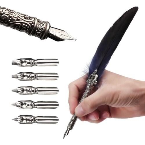 1 Set Vintage Quill Dip Pen Turkey Feather Pen English Calligraphy Pen Quill Oblique + 5 Nibs+ Pen Set Gift Writing Tools