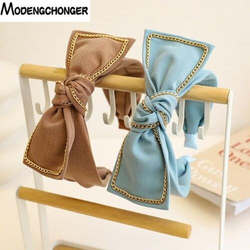 High Quatity Hair Band For Woman Girls Solid Color Wide-brimmed Bow-knot Chain Headdress Hairpin Headwear Hair Accessories Hot