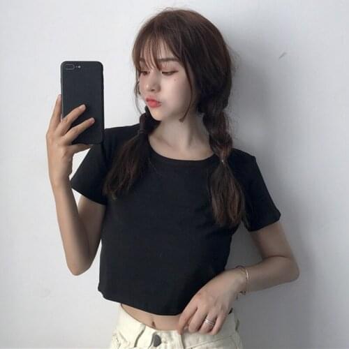 Womens Korean Version of The Solid Color Wild Short Belly Button Button Is Thin Short Sleeve Thin Black T-shirt Top