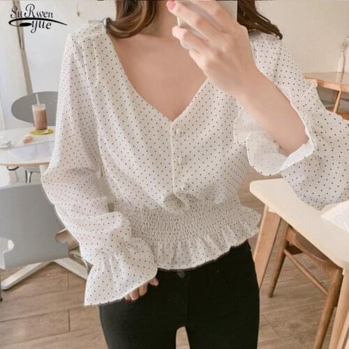 2021 Puff Sleeve Dot Women Blouses Tops Chiffon Casual V Neck Ladies Shirt Fashion Button Up Women Clothing Chemise Femme 6602