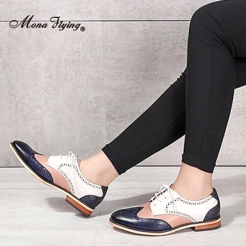 Mona Flying Women Leather Hand-made Oxfords Shoes Multi Color Wingtip Derby Lace-up Shoes for Women Ladies Girls B098-6