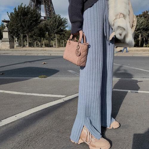 JuneLove Solid Knitted Pants Women Winter Warm Long High Elastic Waist Pants Female Korean Chic Retro Streetwear Split Trousers