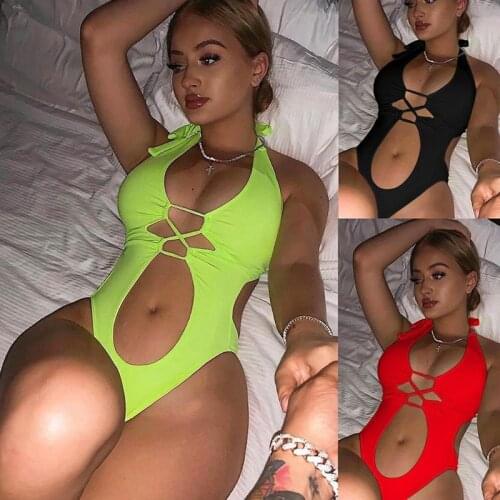 One Piece Hollow out Swimsuit For Women 2021 Cross Bandage Sexy Solid Backless Female Bodysuit Bather Bathing Suit Female