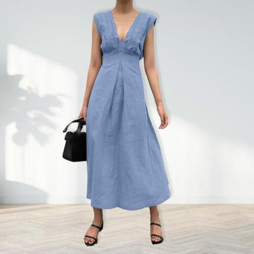 Women Dress Solid Color V Neck Summer High Waist Sleeveless Maxi Dress for Daily Wear