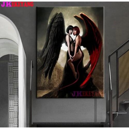 Full Square Round Diamond Embroidery DIY Diamond Painting Black and red angel Cross Stitch kit mosaic Y4587