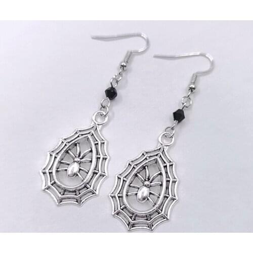 Gothic Spiderweb Tunnel Earrings With black glass crystal On Silver Plated Hooks women Fashion gift