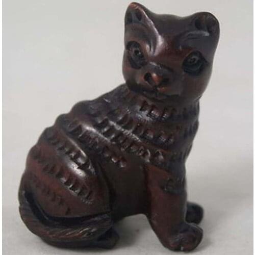 Chinese Handwork Carving Lovely Cat Old Boxwood Netsuke