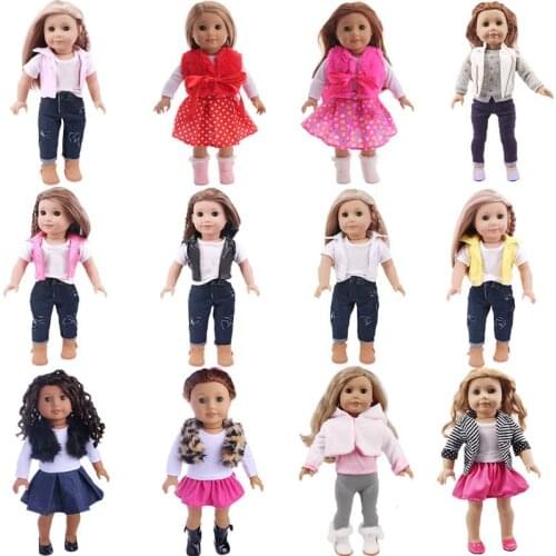 New Arrival!Suit=1Pcs Base T-shirt+Vest+Jeans/Skirt For 18 Inch American Doll Girls,Doll Baby Clothes Holiday Gifts For Children