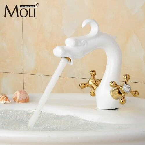 Dragon Faucet Soild Brass White Painted Sink Tap Dual Handle Single Hole Animal Faucets With Cold And Hot Water MLD916
