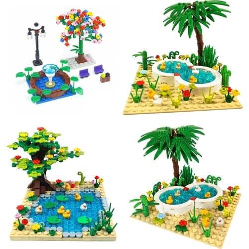 MOC Bricks Park Swimming Pool Fountain Pond with Cute Ducks DIY Plants Trees Flowers Grass Sets DIY Accessories Building Blocks