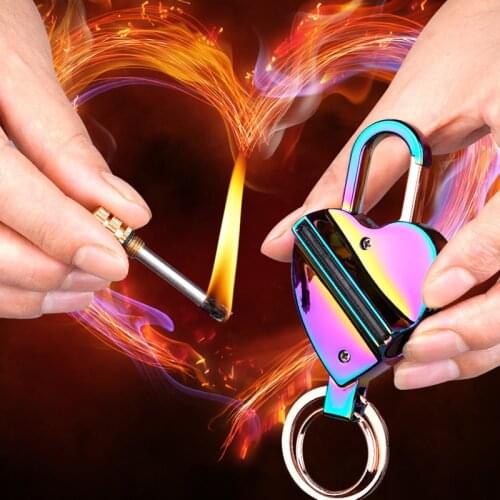 Metal Love Heart Shape Reusable Thousand Match with Led Light Permanent Kerosene Keychain Lighter Tobacco Accessories Matches