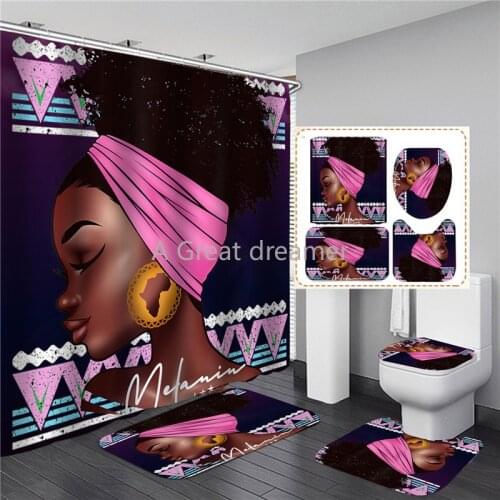 Fashion African Black Girls Print Shower Curtain Set Color Waterproof Bathroom Curtains Soft Anti-slip Bath Rugs Toilet Carpets