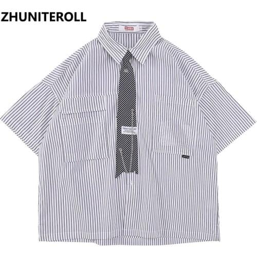 Fashion Striped Print Hawaiian Shirt Tie Harajuku Streetwear Hip Hop Beach Shirt Summer Short Sleeve Pocket Aloha Casual Shirt