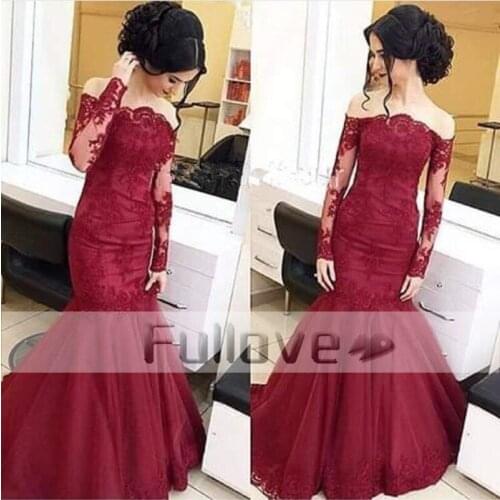 Fashionable Boat Neck Long Sleeve Mermaid Long Evening Dresses 2019 Burgundy Appliques Lace Formal Dress Vestido De Festa Kaftan