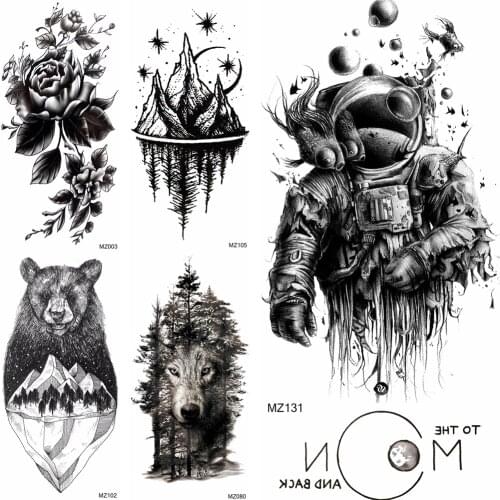 Fashion Astronaut Temporary Tatoo Fake Mountain Flower Wolf Tattoos For Adult Body Art Tatoo Waterproof Planets Tatoo For Party