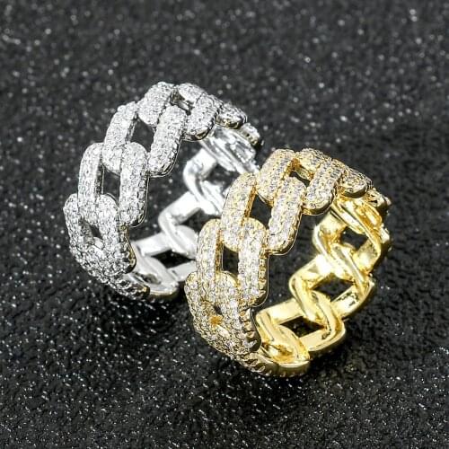 Iced Out Cuban Link Rings Mens Prong Setting Bling 5A Cubic Zirconia Ring Fashion Hip Hop Jewelry