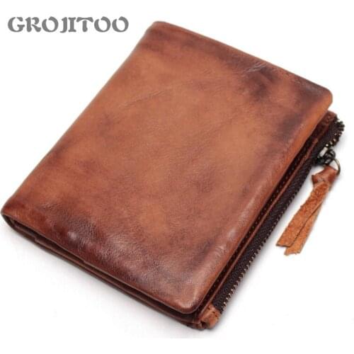 GROJITOO New Cowhide double zipper mens wallet leather first layer cowhide mens bag casual coin purse