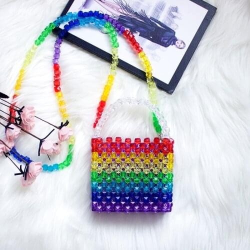 New Summer Beaded Handmade Girls Messenger Bag Mini Handbag Lipstick Coin Purse Rainbow Square Sling Bag Cystral Shoulder Bag