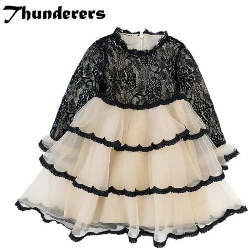 2018 new princess dress mesh print girls dress childrens dress childrens clothing lace three-layer cake dress cute kid clothe