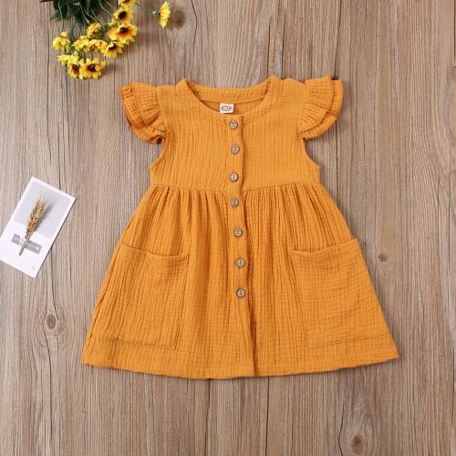 1-5Y Summer Girls Casual Dresses Toddler Kid Baby Ruffle Sleeveless Cotton Linen Button Pocket Dress Party Sundress Clothes