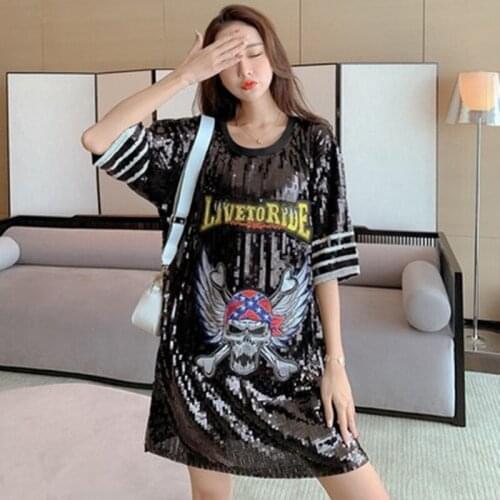 Casual Letter Animal Picture Half Sleeve O-neck Loose Free Size Black Fashion Summer Straight Hip Hop Sequined Dress 9850