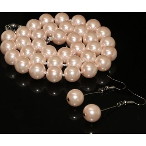 Lovely pink 12mm round simulated-pearl shell beads necklace earrings women free shipping new arrival jewelry set 18inch B2326