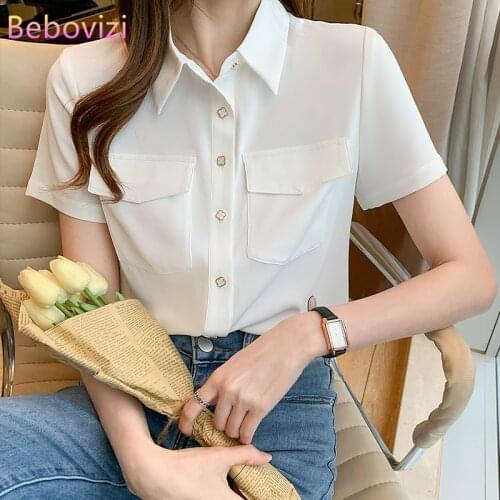 S-XXL 2021 Fashion Turn-down Collar Summer Casual White Short Sleeve Women Button Up Tops and Shirts Office Lady Work Clothes