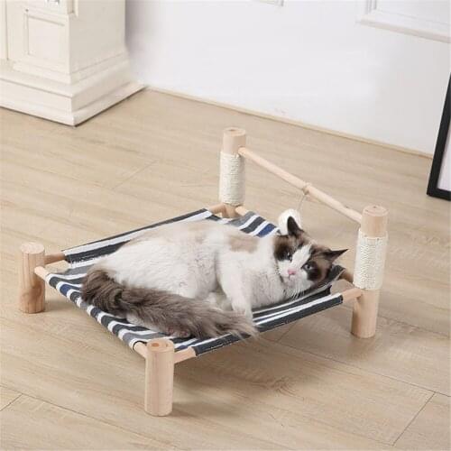 Solid Wood Cat Hammock Washable Breathable Pet Canvas House Durable Pet Marching Beds RemovableCats Lounge Bed With Elevated