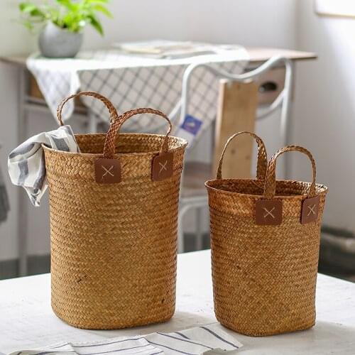 Japanese-style Straw Storage Bucket Household Woven Laundry Bucket with Both Ears Sundries Storage Basket Simple Flower Pot Set
