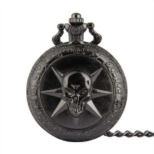 Vintage black Steampunk skull Modern hours Cross Fire pendant Necklace pocket watches gift